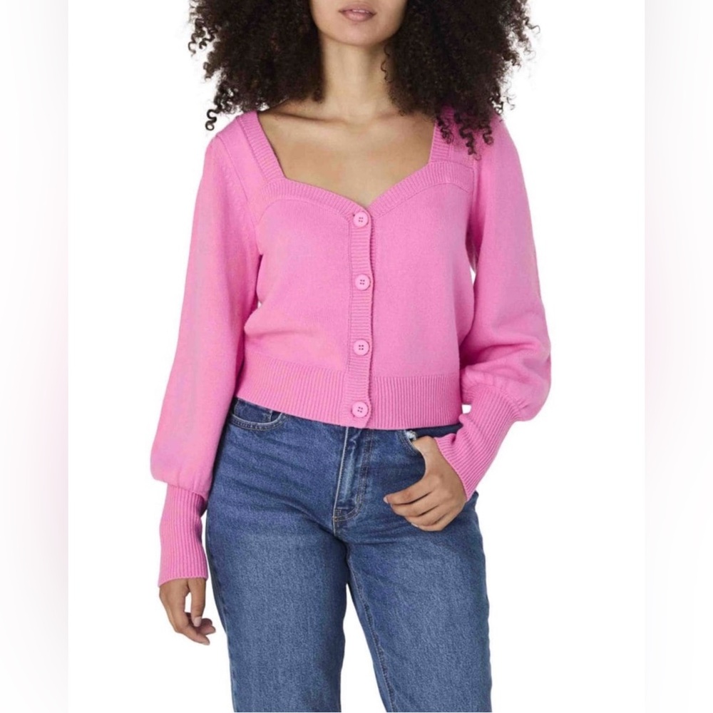 FRENCH CONNECTION V-Neck Pink Baby Soft Button Front Puffed Sleeves Cardigan